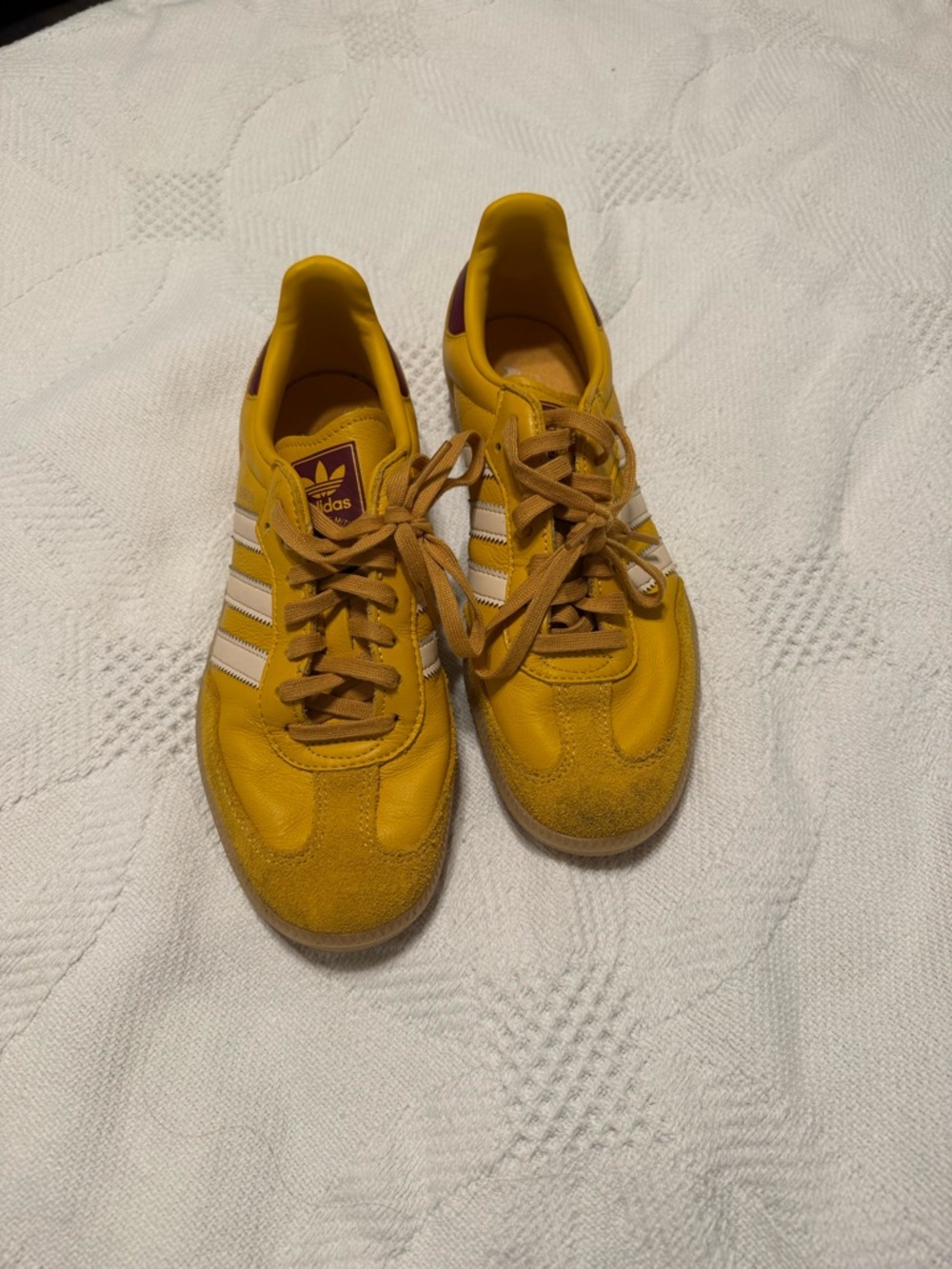 adidas mustard yellow Samba Low-Top Sneakers with Cream Stripes and maroon Heel - Picture 2 of 3